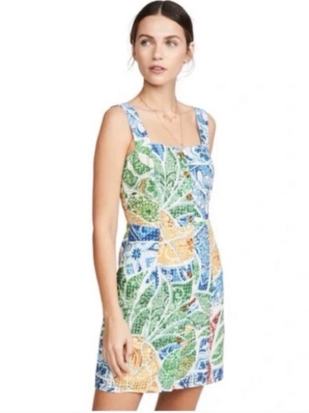 FARM Rio Multicolor Leaf & Tile Print Mini Dress (Green, Blue, Yellow)